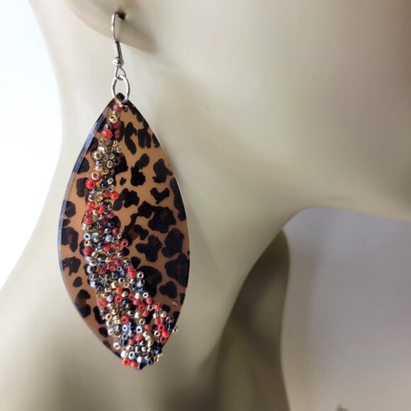 Dark Brown Animal Print Earrings with Sequin Beads Dark Brown Long Earrings - Picture 2 of 11
